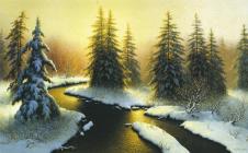 雪景中的一片柏树林油画欣赏