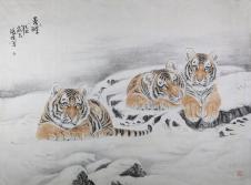 雪地里的三只可爱的老虎国画欣赏