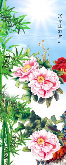 三联中式花开富贵装饰画: 牡丹花和孔雀 A