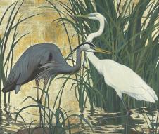 沼泽地里的两只白鹭油画欣赏