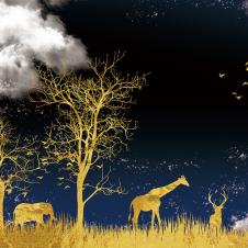 草原上的树木和动物装饰画素材: 金色发财树晶瓷画 B