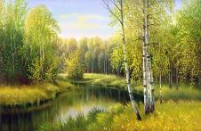 春天风景画素材: 河流油画 B