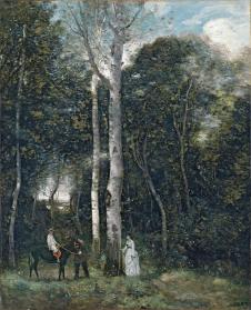 柯罗油画风景高清作品: 大白杨树下的约会