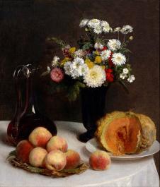 方丹·拉图尔作品: 水瓶，鲜花和水果的静物  Still Life with a Carafe, Flowers and Fruit