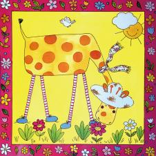 三联可爱动物画: 闻花香的长颈鹿装饰画下载