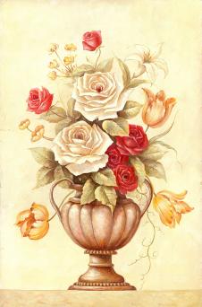 欧式花坛装饰画 花盆装饰画: 玫瑰花与郁金香