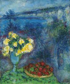夏加尔油画作品   海边窗户边的鲜花和水果