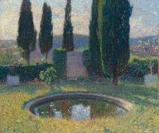 亨利马丁油画:花园里的水池和柏树油画欣赏