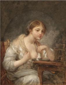 格勒兹油画: 作品年轻女子和鸟笼