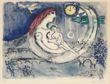 夏加尔油画作品:  坐在月亮上的母子  高清大图下载