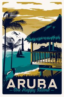 高清美式风景版画素材: 海滩椰树版画,椰树装饰画下载 