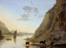 河边的牛群和山峰油画欣赏
