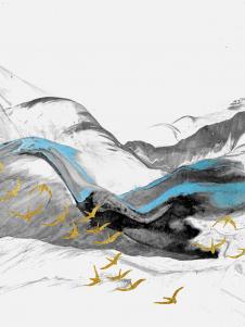 简约山水画: 山峦上的金色飞鸟 C