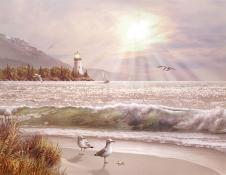 地中海风景油画素材下载: 早晨的海边灯塔