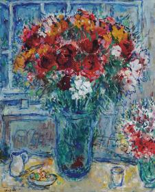夏加尔油画作品:蓝色花瓶里的鲜花