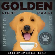 动物装饰画素材,狗装饰画:喝咖啡的金毛犬