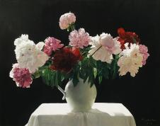 超写实静物油画素材: 白瓷瓶里的鲜花