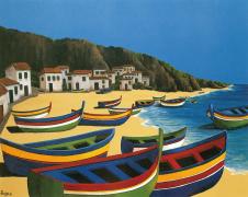 欧式风景装饰画素材: 海边七彩的船油画 A