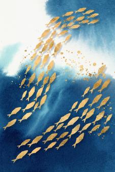 晶瓷画素材: 碧波中的鱼群装饰画 鱼群金箔画下载 A