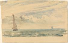 康斯太勃尔风景水彩画作品: 海上的帆船