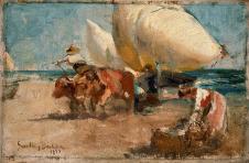 索罗拉作品: 海滩上的渔船和公牛
