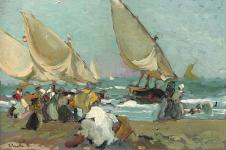 索罗拉风景油画作品: 海边的帆船