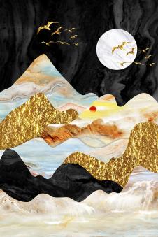 现代三联晶瓷画素材:月亮下的飞鸟装饰画欣赏 B