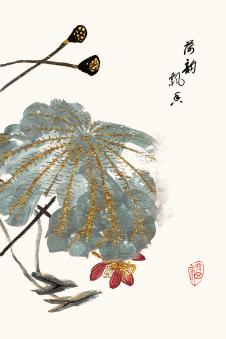 水墨荷花现代简约新中式国画手绘花鸟装饰画 B