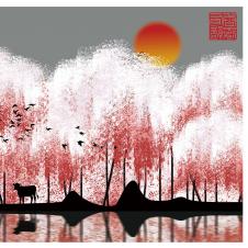 现代中式三联晶瓷画: 河边的树木装饰画素材欣赏 C