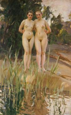 佐恩作品:河边的两个裸体女人油画欣赏