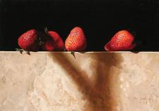 阳光下的四个草莓超写实静物油画欣赏