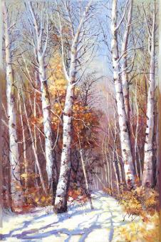 冬天森林雪景油画欣赏 枫树油画