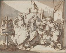 格勒兹素描作品: 有两个孩子的疲倦的女人