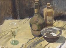 爱德华西戈静物油画: 酒瓶和杯子