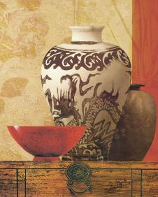 中式装饰画高清素材: 富贵瓶 青花瓷和旧桌子 B