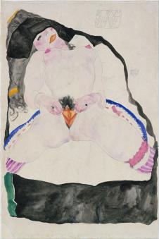 席勒作品:提起裤子斜躺着的妇女水彩画