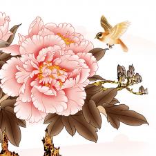 三联花鸟画装饰画素材: 牡丹花和小鸟 A　