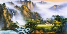 中式山水风景油画高清大图: 客厅风水油画素材下载 R