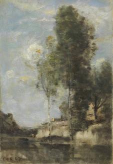 柯罗油画风景作品: 河边的树