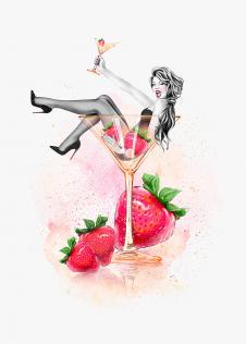女人闺房装饰画素材: 草莓,口红和香槟 B