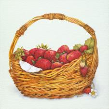 欧式四联水果水彩画: 篮子里的草莓 B