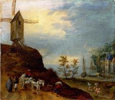 勃鲁盖尔风景油画欣赏: 风车下的马车