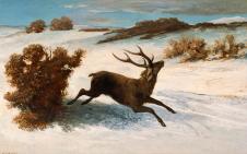库尔贝作品: 雪中奔跑的鹿 Deer Running in the Snow