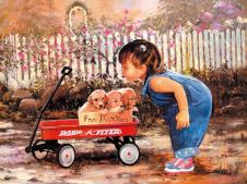 小女孩与玩具车里的狗油画素材  A