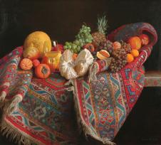毯子上的一堆水果超写实静物油画欣赏