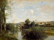 柯罗油画风景高清作品: 乡村的河流和桥