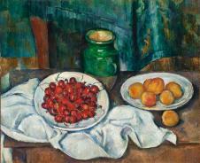 塞尚静物油画欣赏: 盘子里的樱桃和桃子