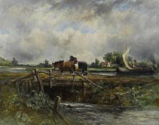康斯太勃尔作品: 河边的马 高清风景油画大图下载