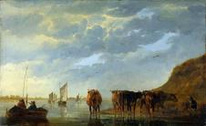 阿尔伯特·库普作品: 溪流边的五头奶牛与牧民