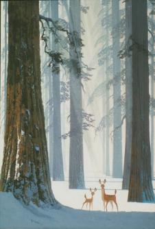温馨装饰画素材: 冬天森林里的小鹿 麋鹿装饰画